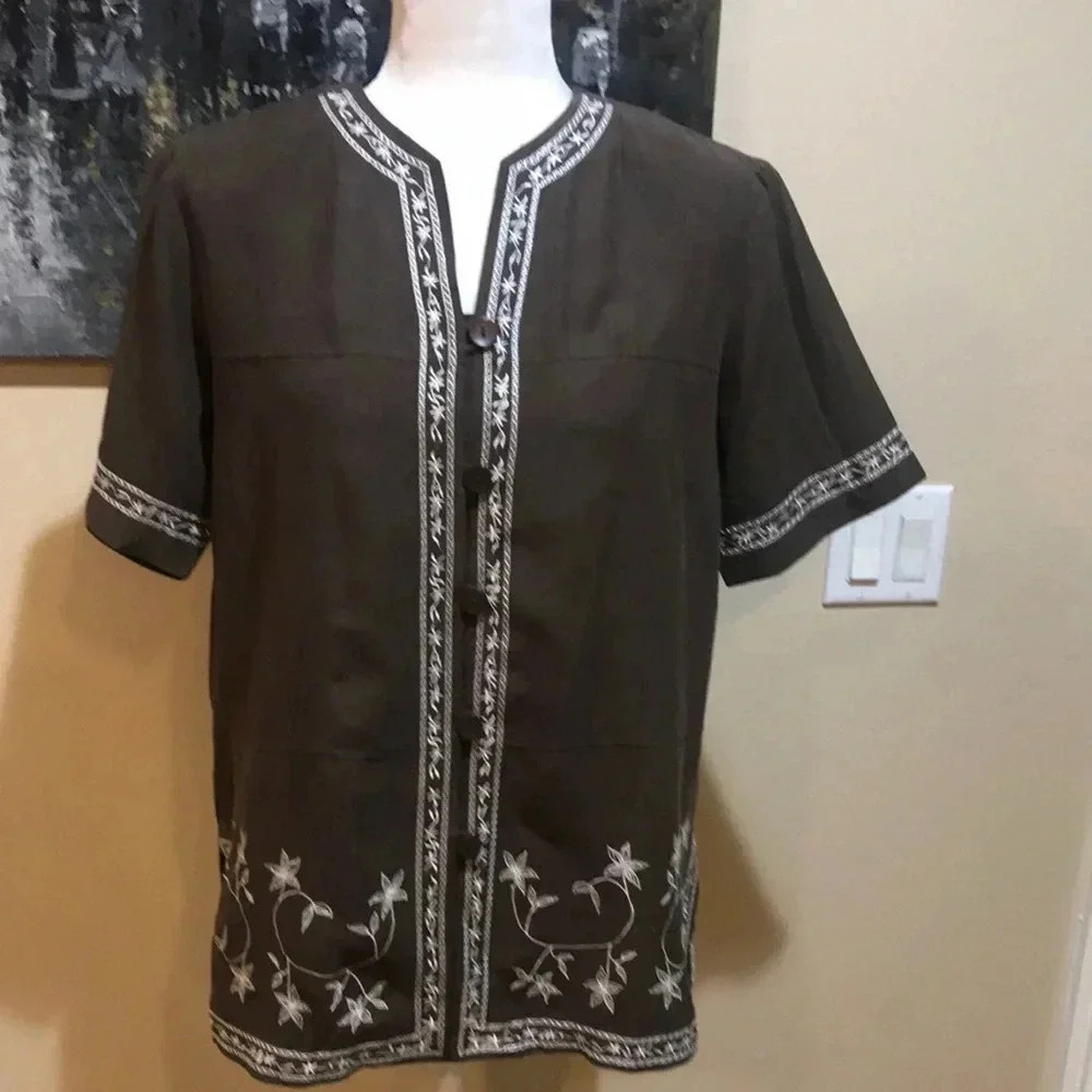 Dress Barn Brown Embroidered Silk and Linen Button-Up Top-Size M